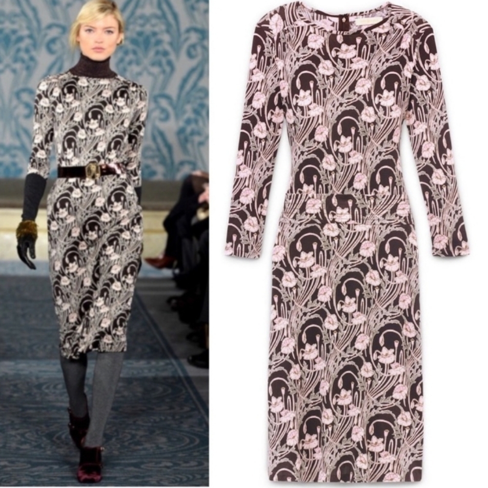 Tory Burch Botanical Floral 100% Silk 3/4 Sleeve Office Midi Dress